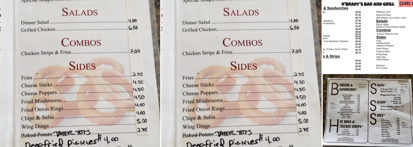 O'Brady's Bar & Grill Menu