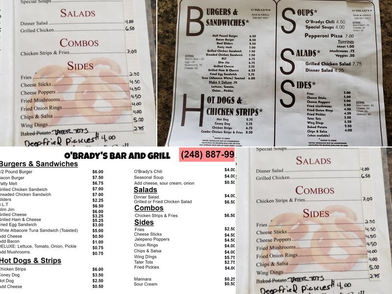 O'Brady's Bar & Grill Menu