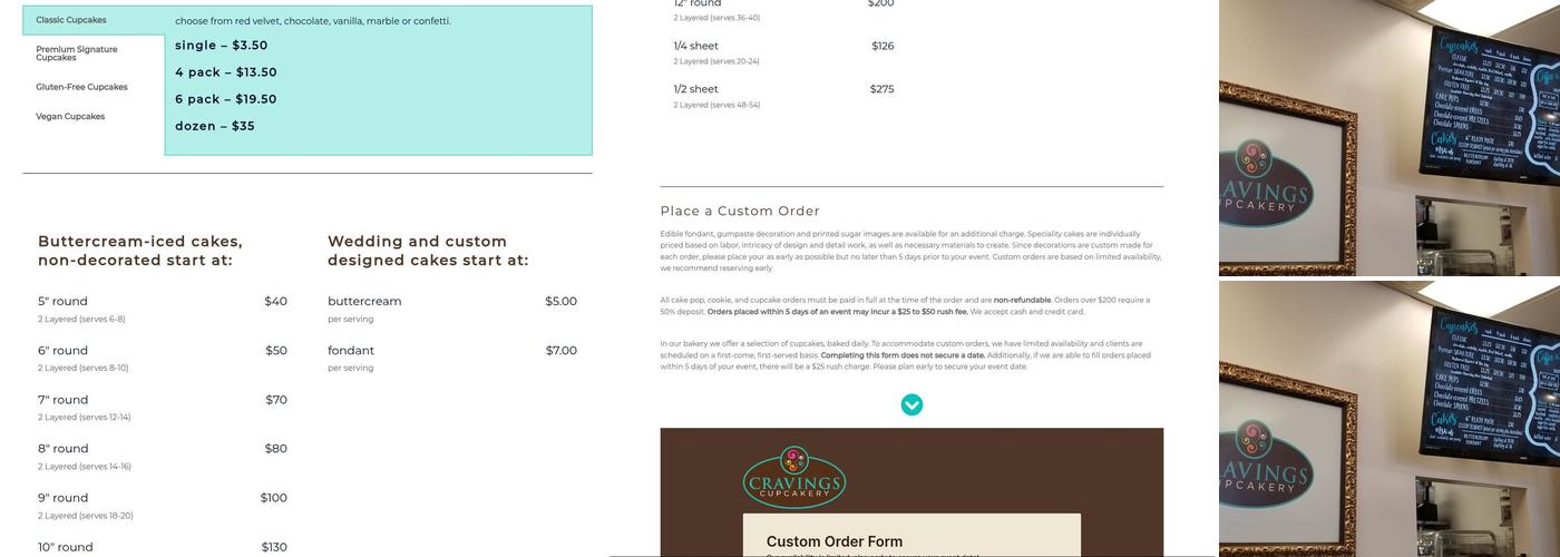 Cravings Cupcakery Menu