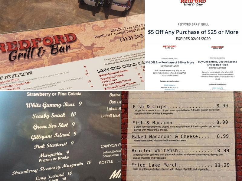 Redford Grill & Bar Menu