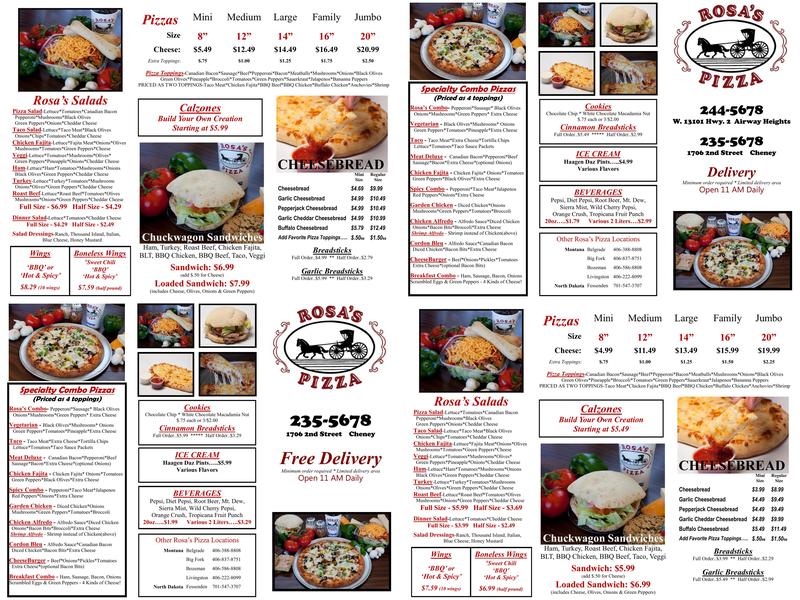 Rosa's Pizza Menu