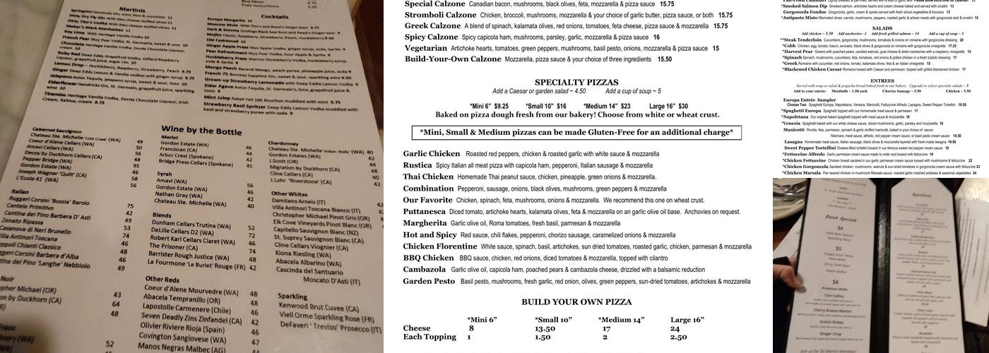 Europa Restaurant & Bakery Menu