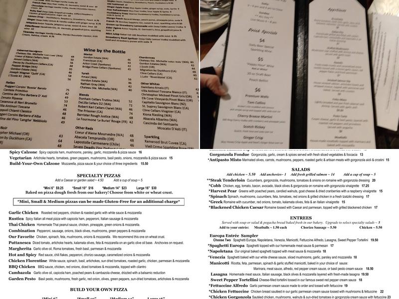 Europa Restaurant & Bakery Menu