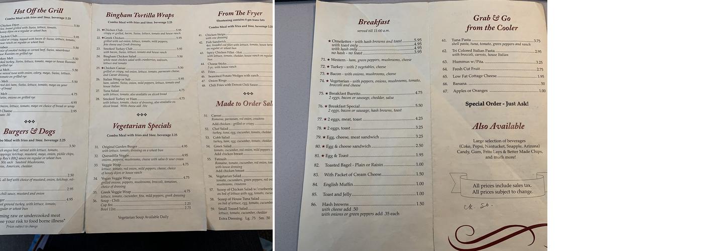Bingham Cafe Menu