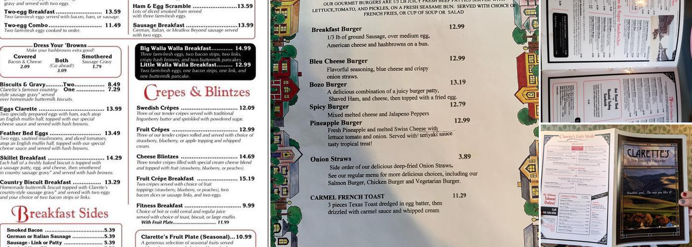 Clarette's Restaurant Menu
