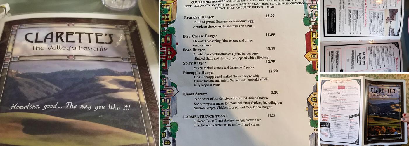 Clarette's Restaurant Menu