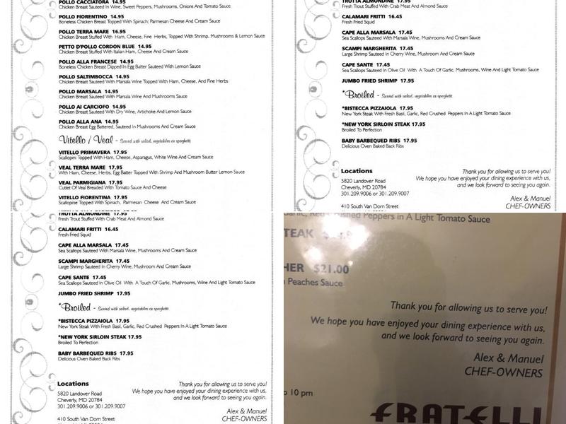 Fratelli Italian Restaurant Menu