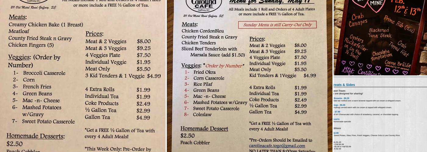 Carolina Cafe Menu