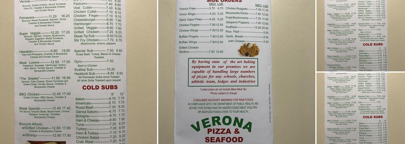 Verona Pizza and Seafood Menu