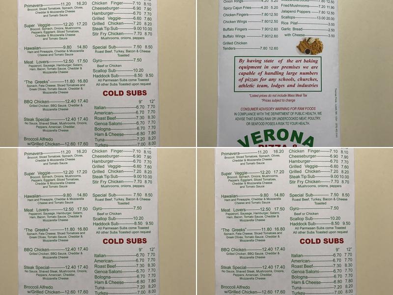 Verona Pizza and Seafood Menu