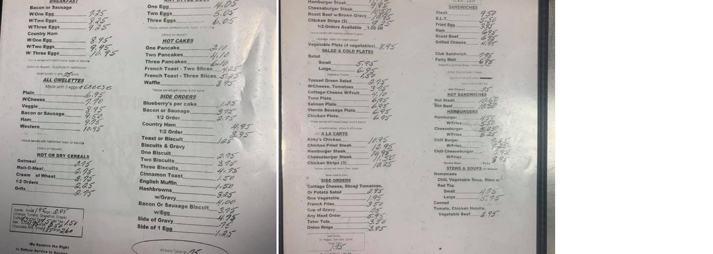 Willow Inn Cafe Menu