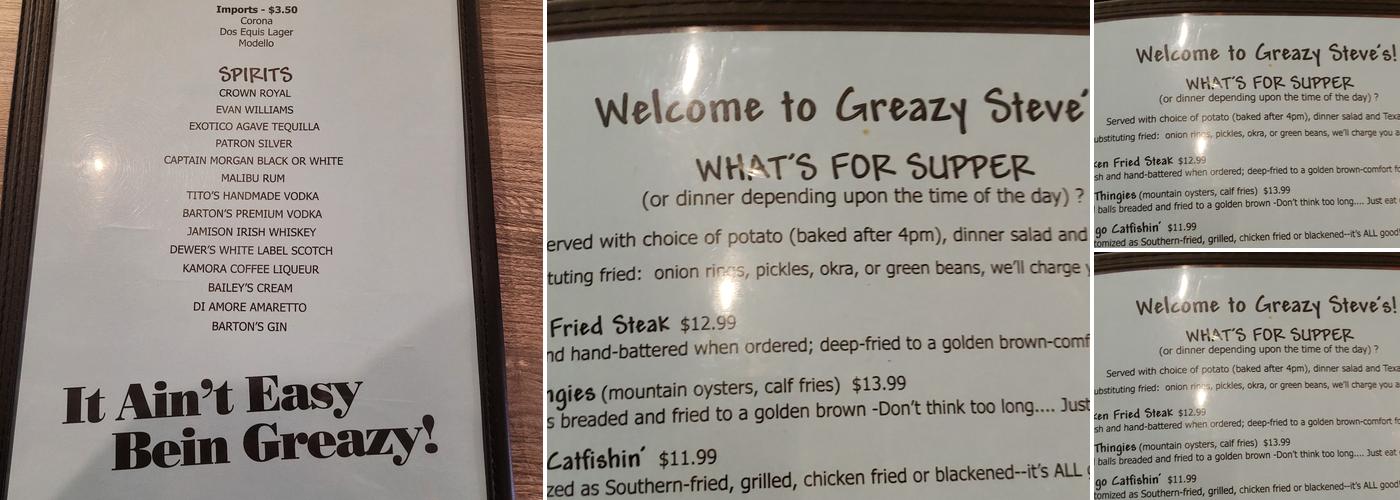 Greazy Steve's Menu