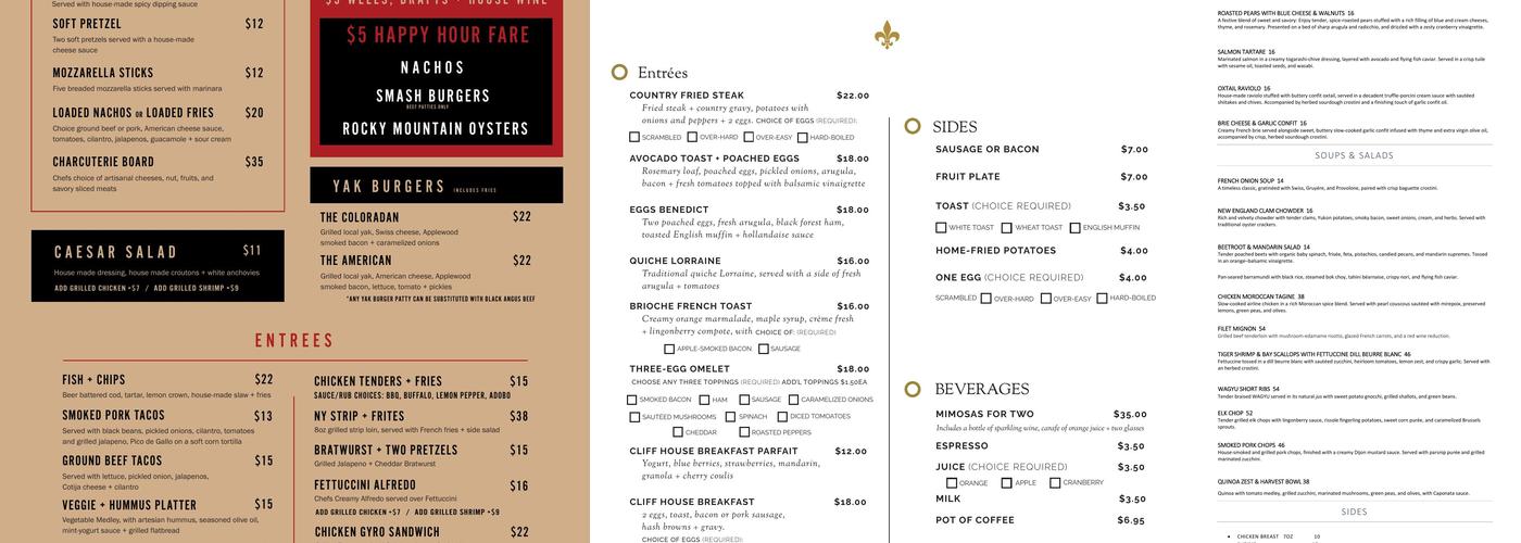 Cliff House Dining Room Menu