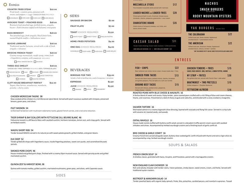 Cliff House Dining Room Menu