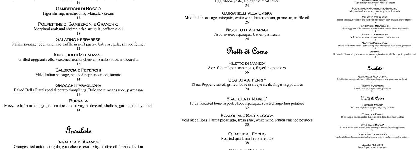 Bella Piatti Menu