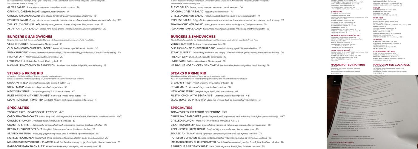 J. Alexander's Restaurant Menu