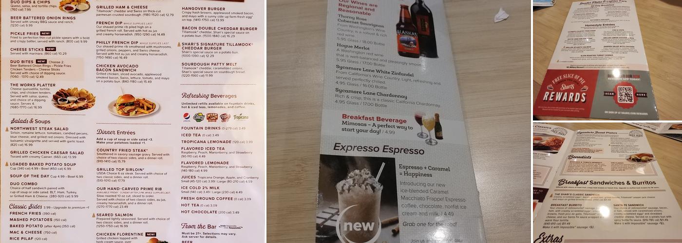 Shari's Cafe and Pies Menu