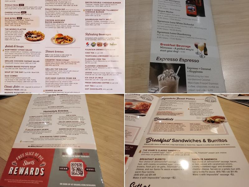 Shari's Cafe and Pies Menu