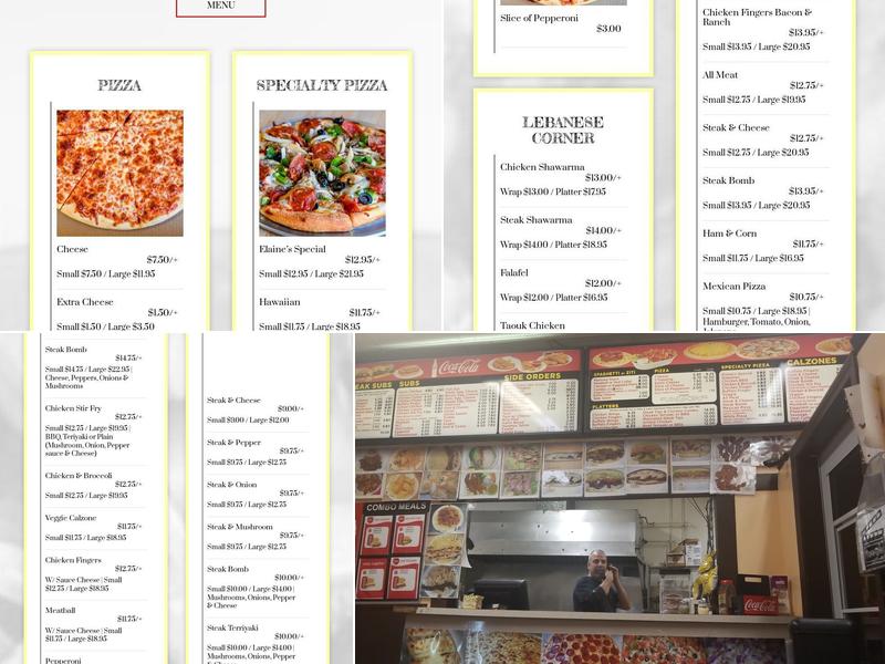 Elaine's Pizza Menu