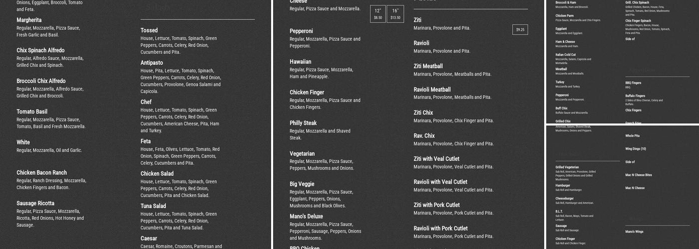 Mano's Pizza Menu