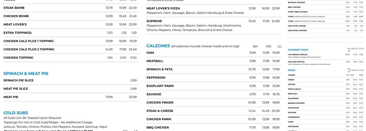 Oakland Ave Pizza & Subs Menu
