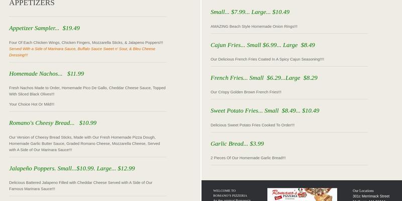 Romano's Pizzeria Menu
