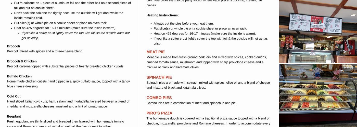 Piro’s Bakery Menu