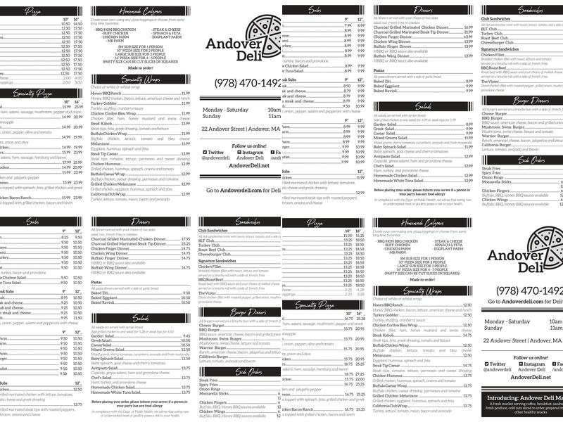 Andover Deli & Pizza Menu