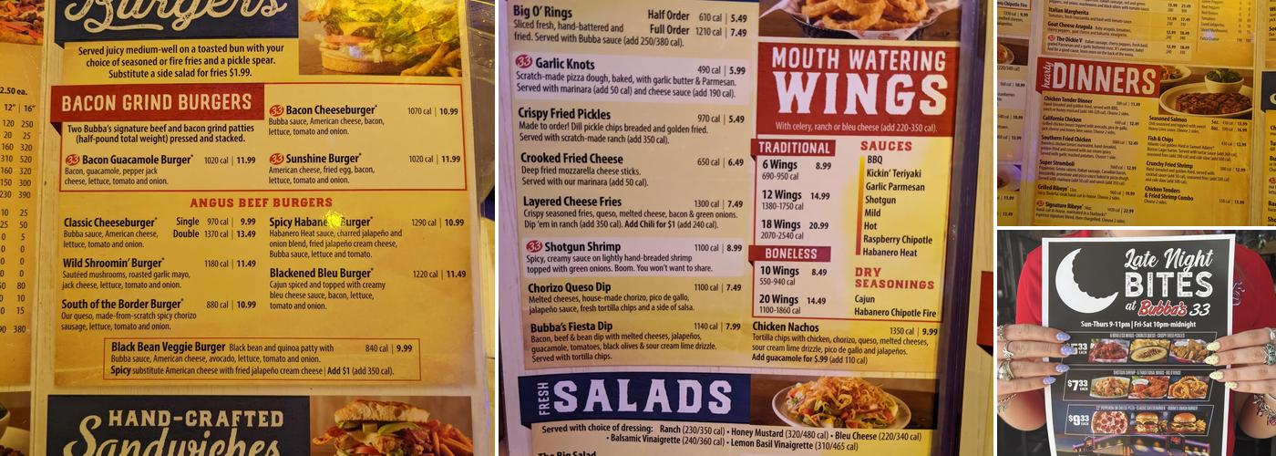 Bubba's 33 Menu