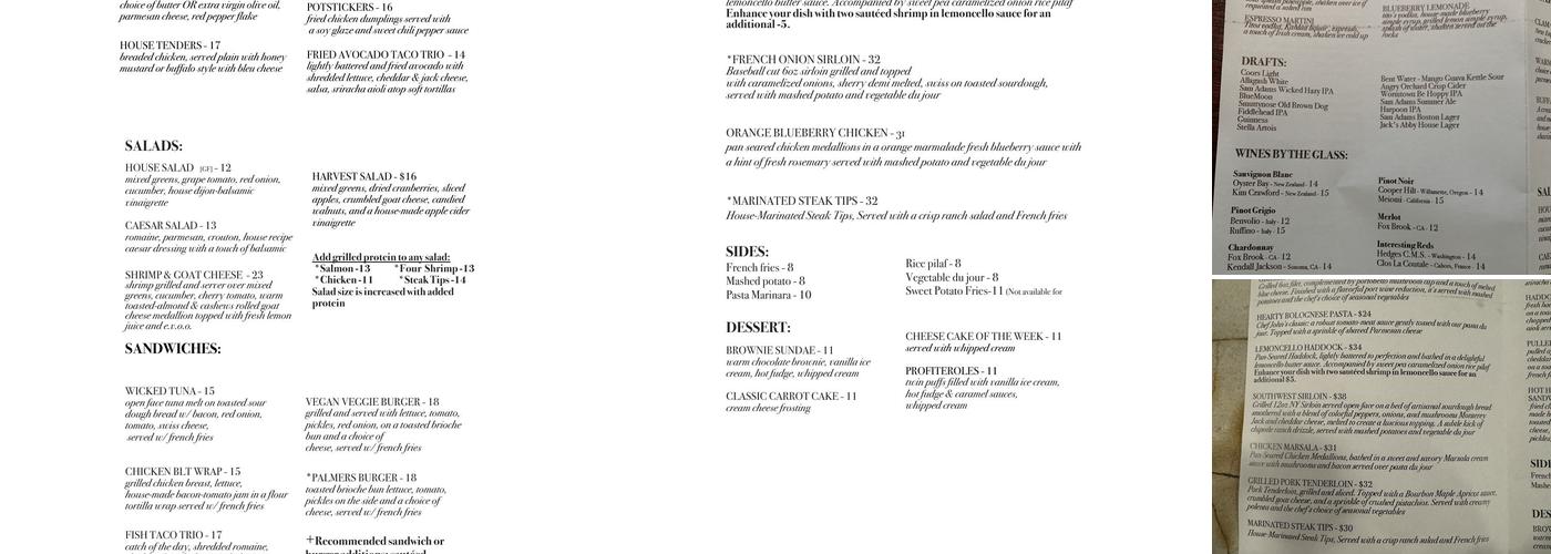 Palmers Restaurant & Tavern Menu