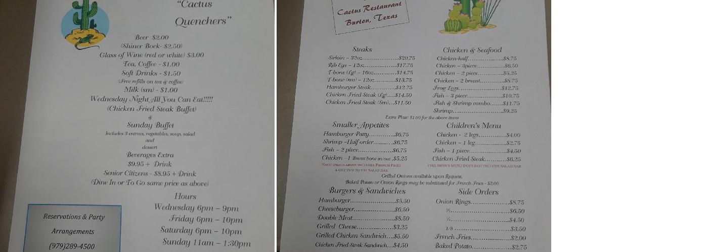 Cactus Restaurant Menu