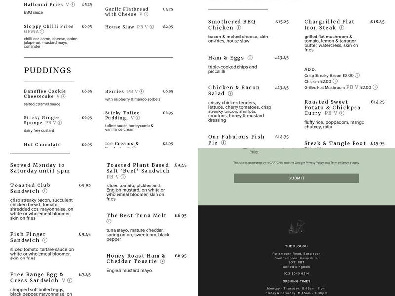 Plough Inn Pub & Restaurant, Southampton Menu