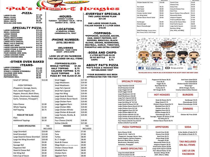 Pat's pizza and Hoagies Menu