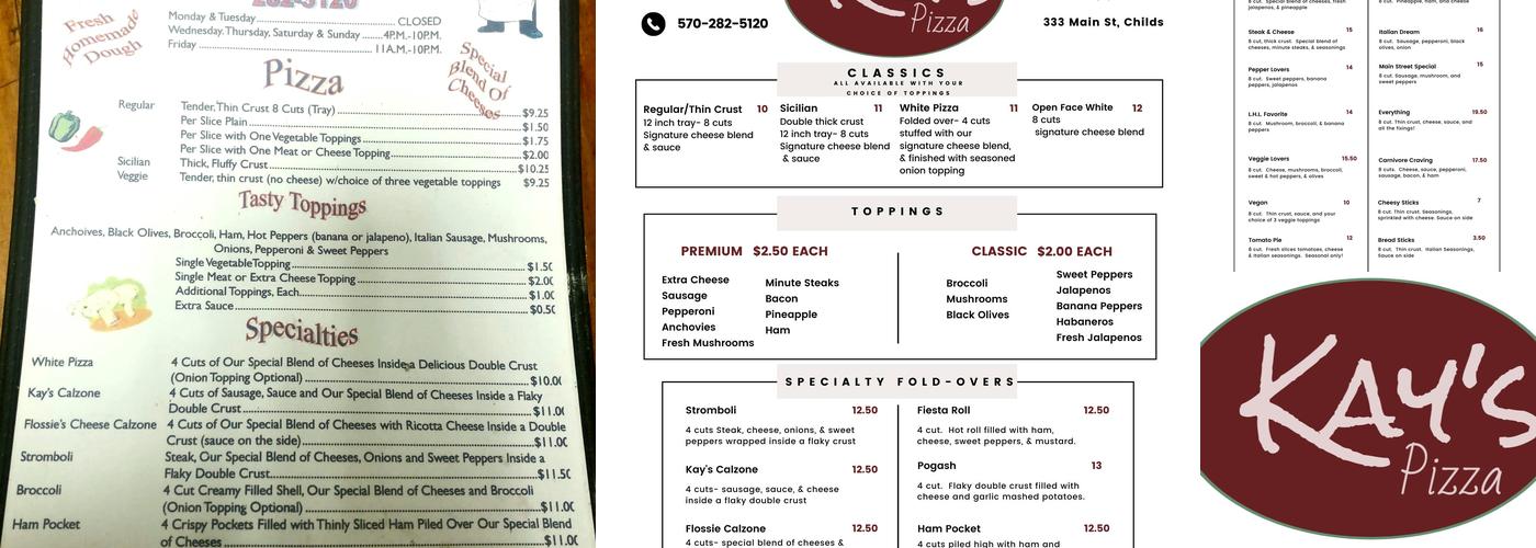 Kays Pizza Menu