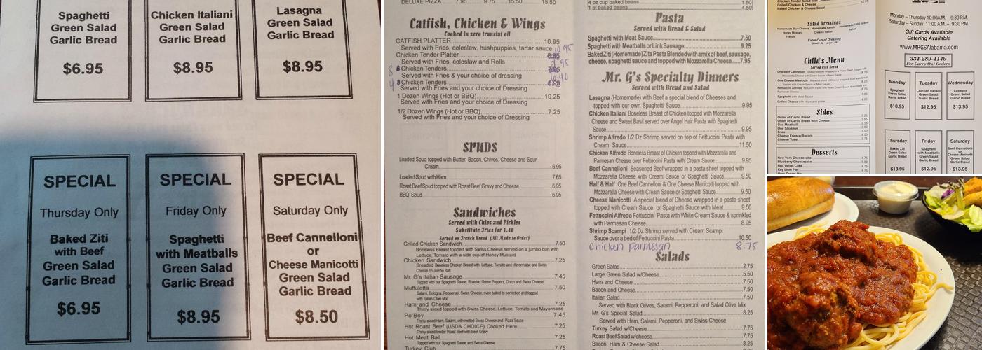 Mr. G's Pizza Menu