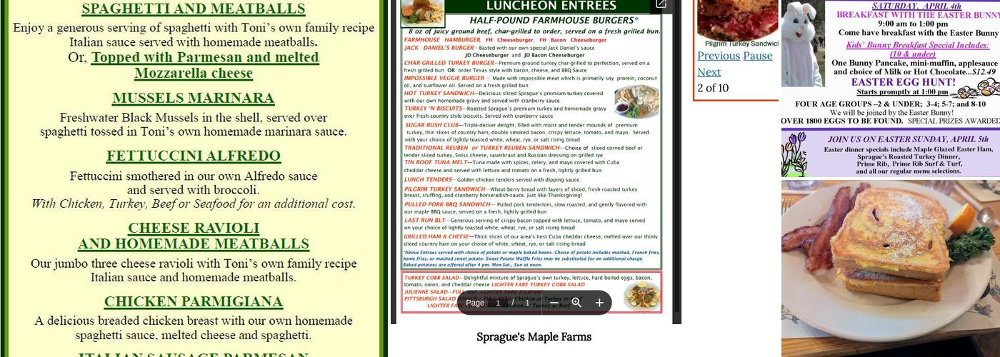 Sprague's Maple Farms Menu