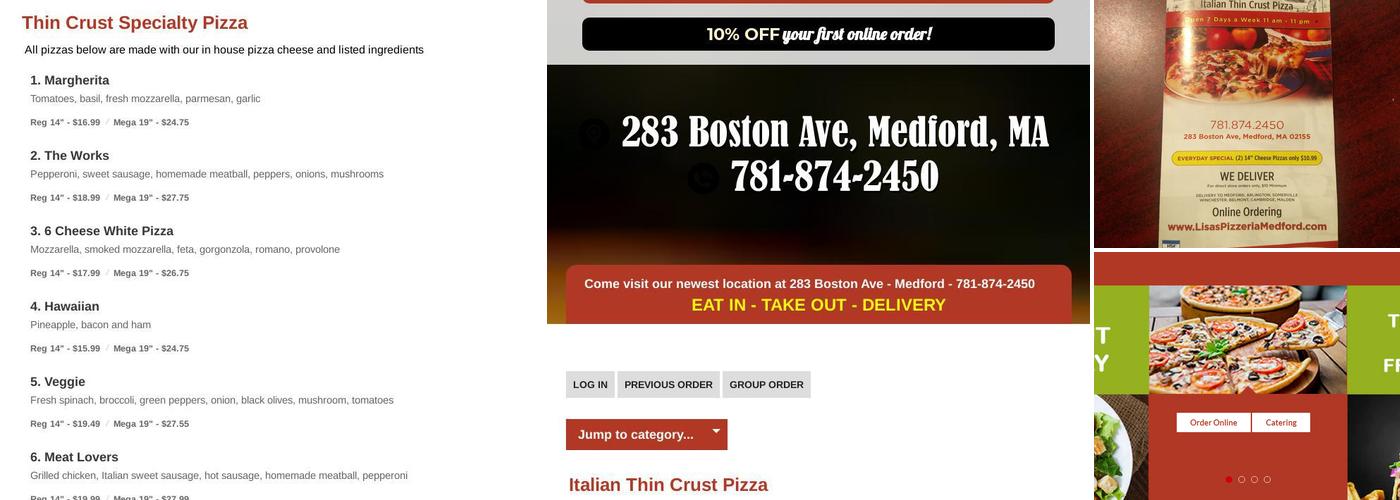 Lisa's Family Pizzeria of Medford Menu