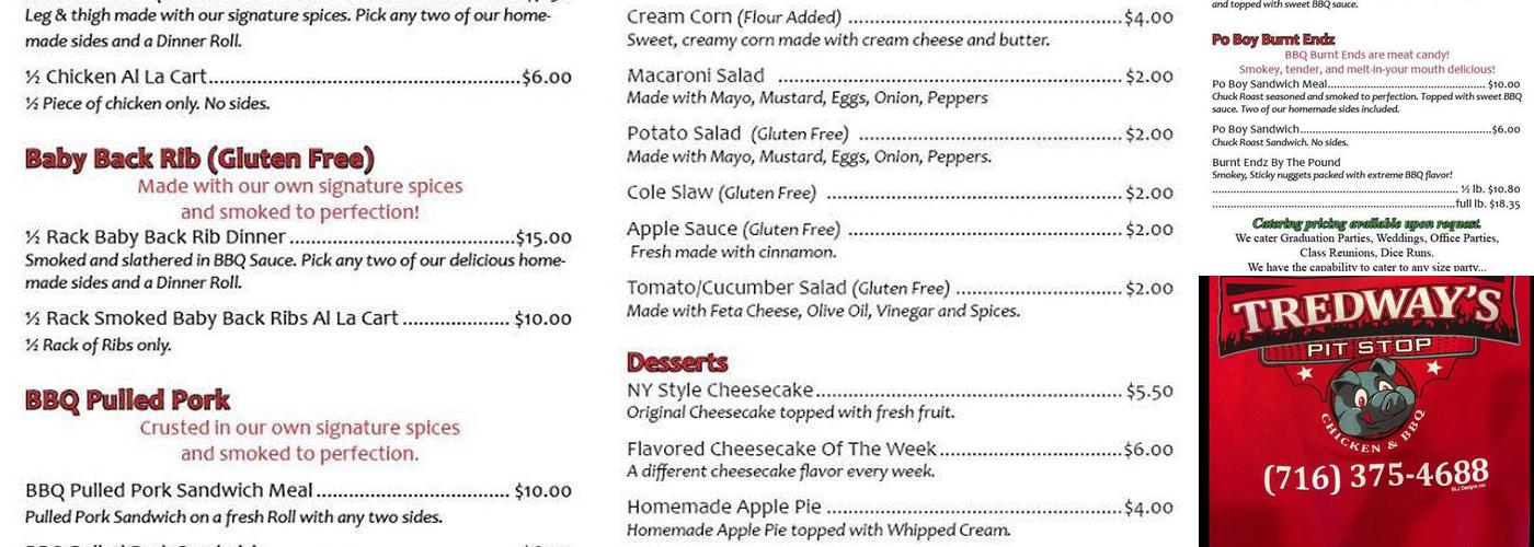 Tredway's Pit Stop Menu