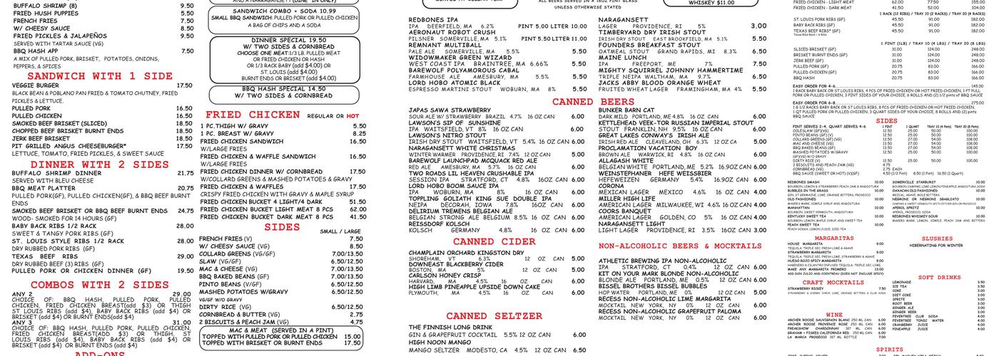 Redbones Barbecue Menu