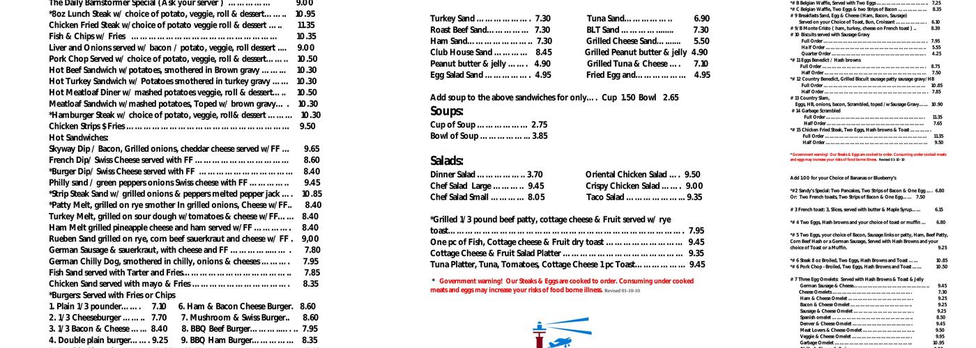 Skyway Cafe Menu