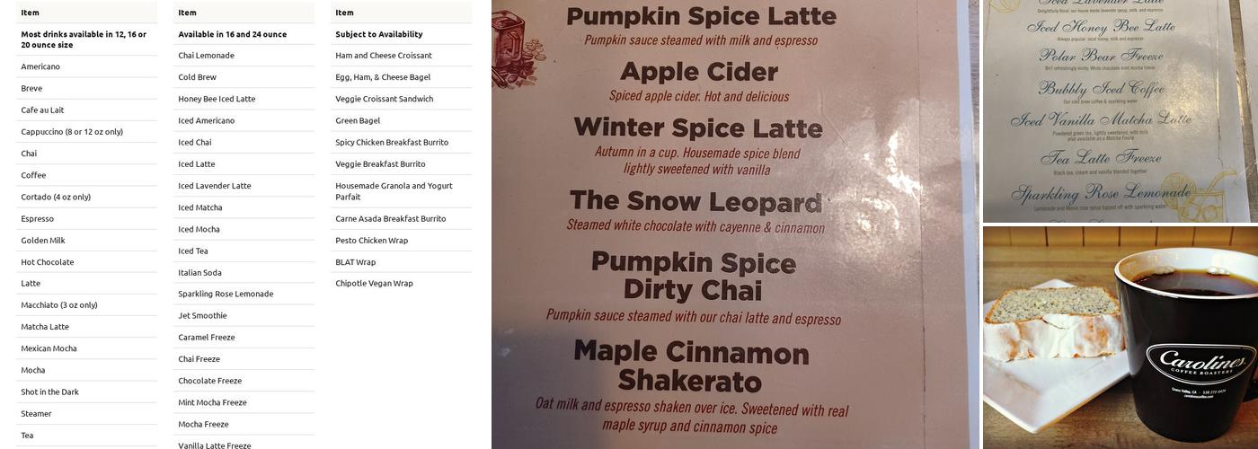Caroline's Coffee Roasters Menu