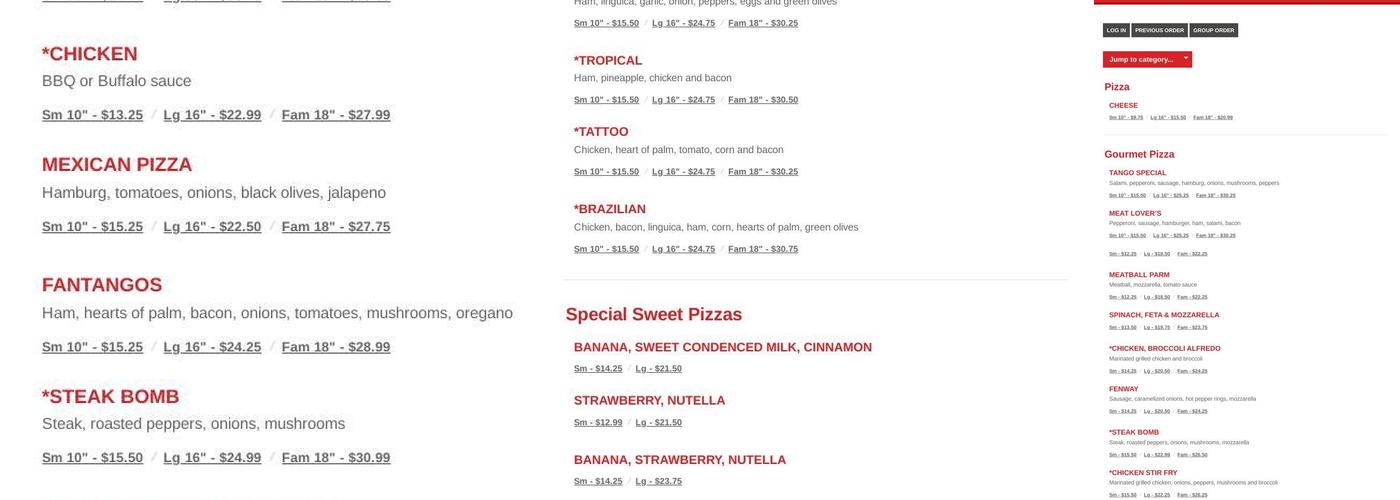 Tango Pizza Menu