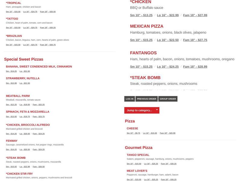 Tango Pizza Menu