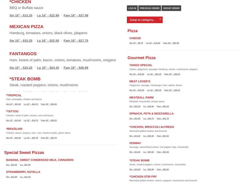 Tango Pizza Menu