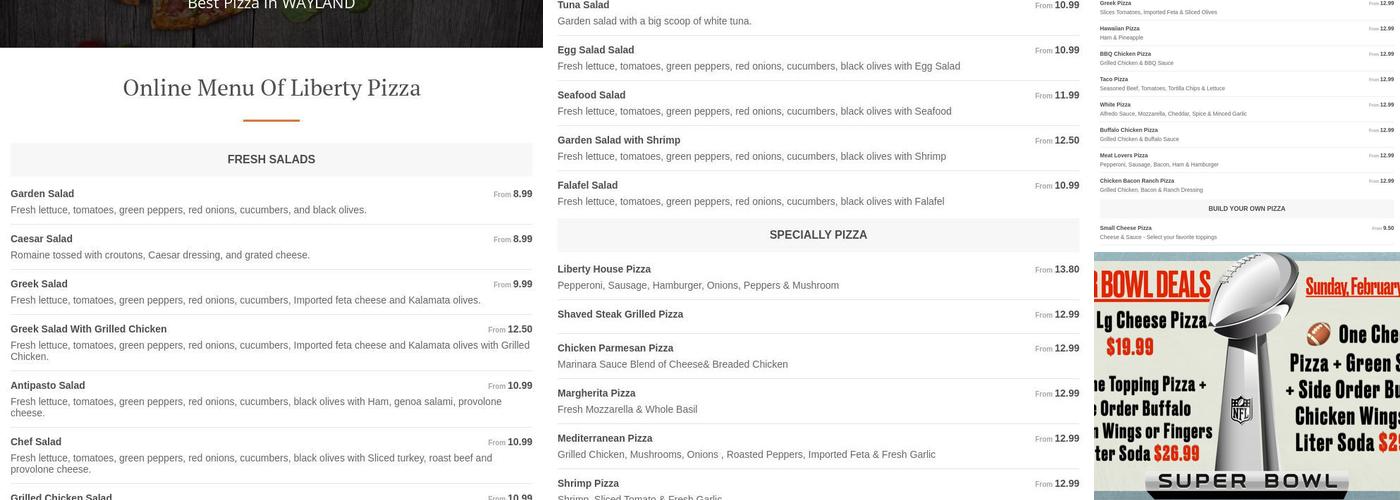 Liberty Pizza of Cochituate Menu