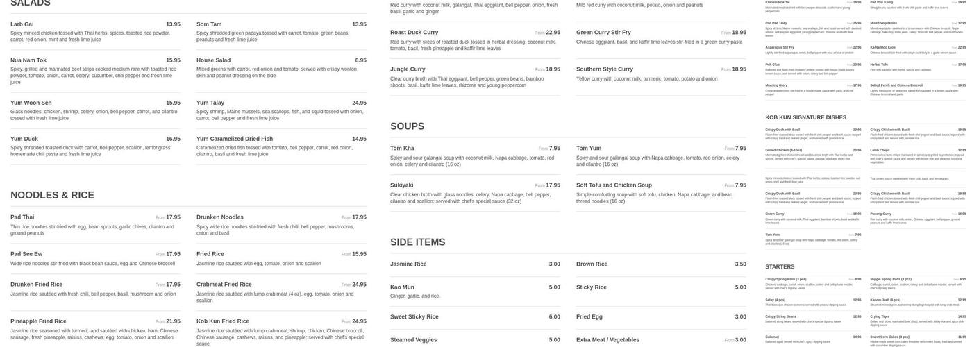 Kob Kun Fine Thai Cuisine Menu