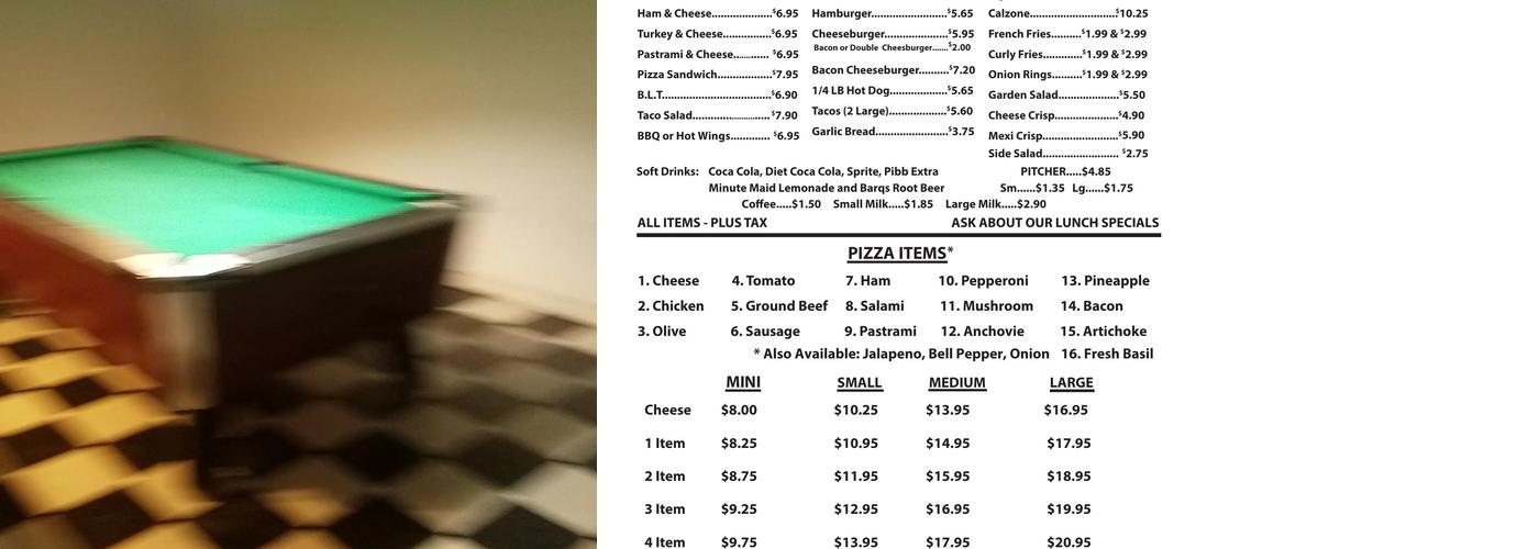 Spanky's Pizza Menu