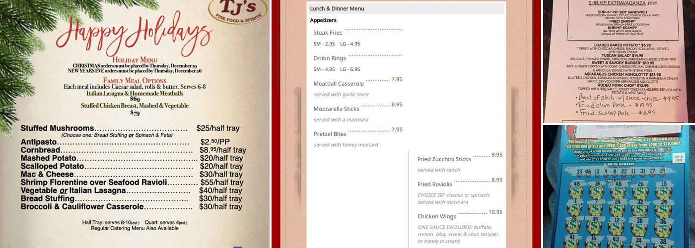 TJ's Food & Spirits Menu