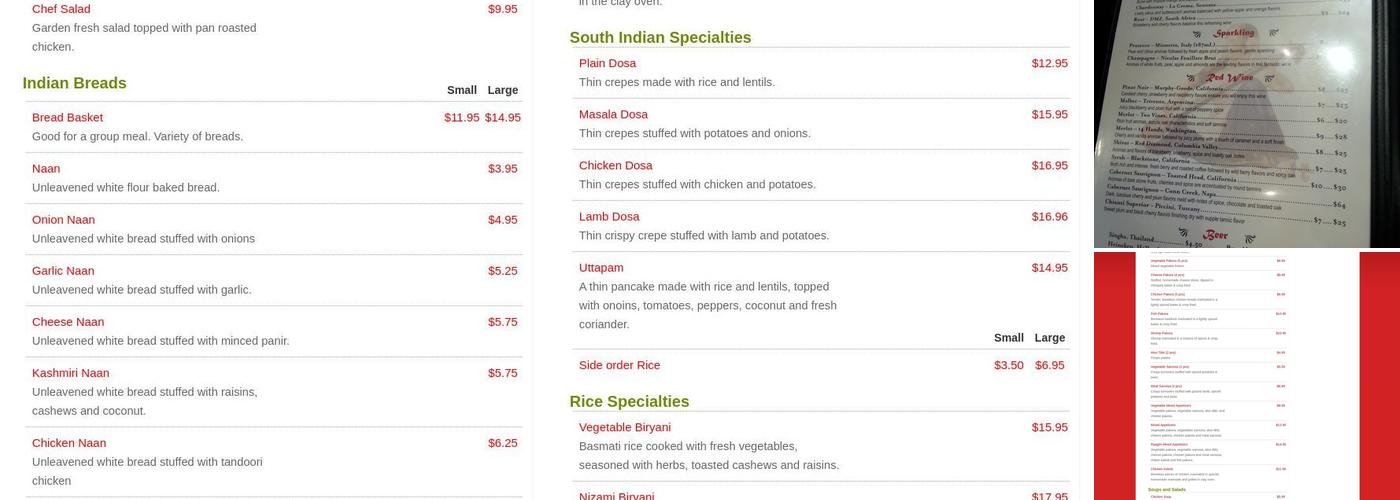 Raagini Indian Bistro Menu