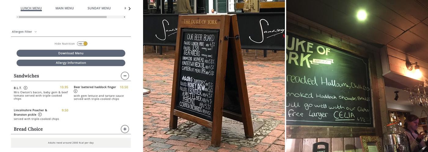 The Duke of York, Tunbridge Wells Menu